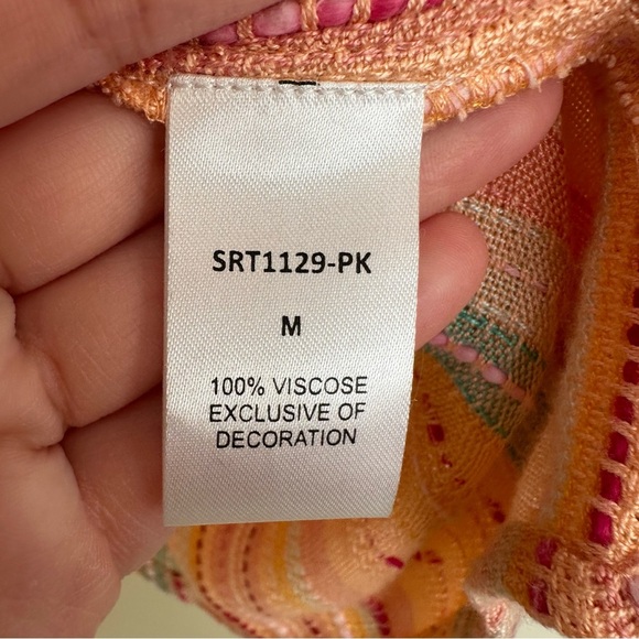 THML Women Medium Freeport Woven Striped Flutter Sleeve Embroidered Top Peach - Picture 12 of 12